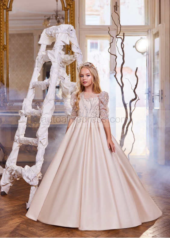 Elbow Sleeves Beaded Light Cappuccino Lace Satin Flower Girl Dress Elbow Sleeves Beaded Light Cappuccino Lace Satin Flower Girl Dress